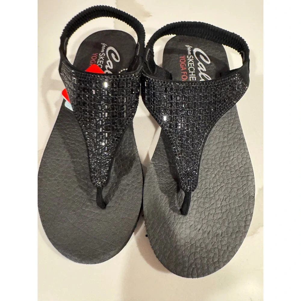 Skechers Cali Yoga Foam Women Black Rhinestone‎ SlingSandals Wide Fit NEW 8.5